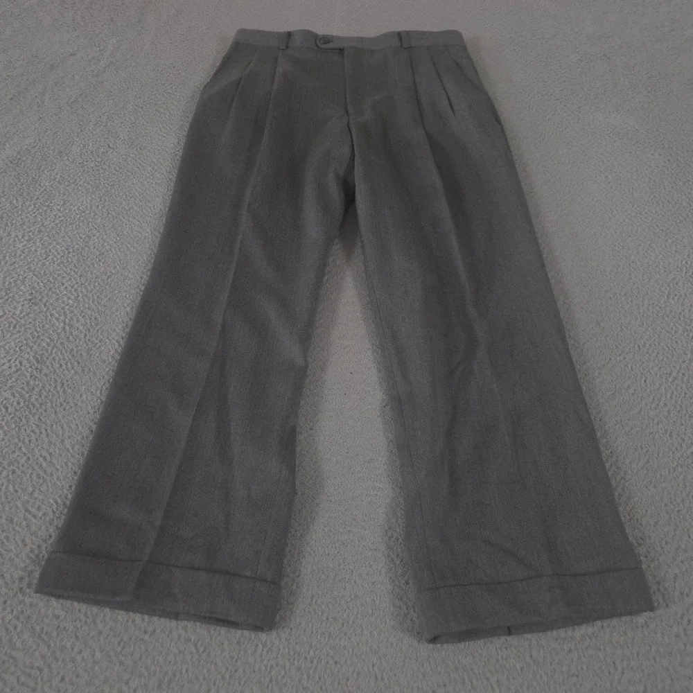 VINTAGE Hickey Freeman Pants Mens 32x30 Gray Bespoke Pleated Cuffed Wool 00s